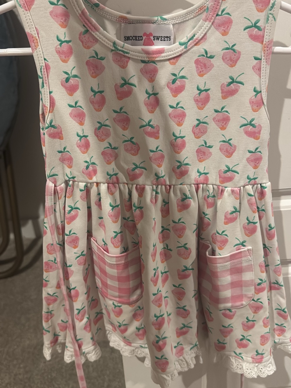 Girls' Cream Pink Strawberry Pocket Dress